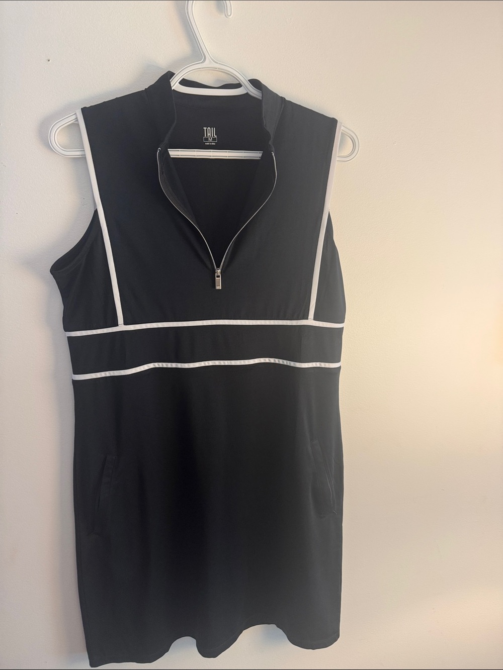 TAIL Black Sleeveless Mini Dress with White Trim and Zip Front